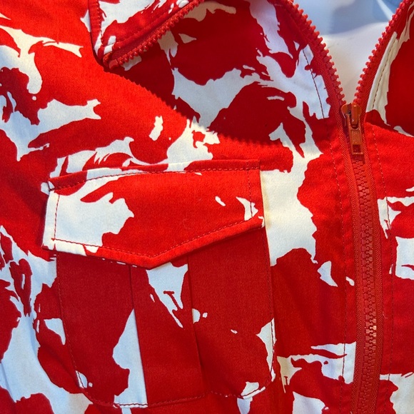 Petite PXL Red White Abstract Print Jacket Zip Front Drawstring Utility - Picture 3 of 8